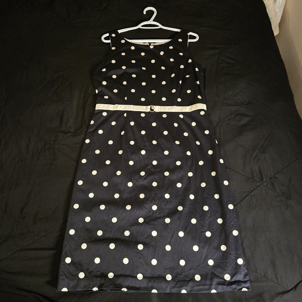 Casual Corner Dress Womens‎ 12 Black Polka Dot Sheath Belted Stretch Brunch Tea